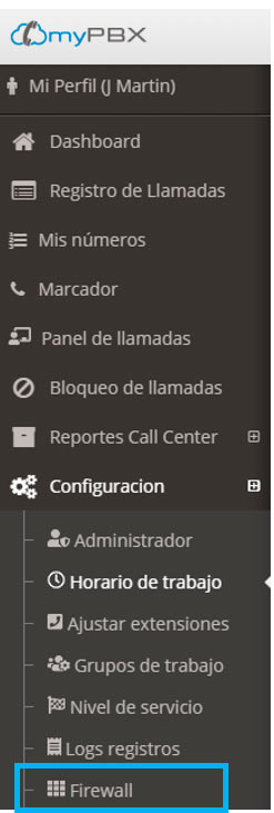 desbloquear ip firewall mypbx menu